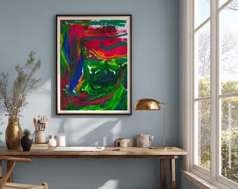 Lámina abstracta azul con paspartú / Arte mural gestual enmarcado / Estilo galería / Oficina o sala de estar / Pintura al óleo original / Artista de Nueva York