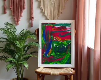 Lámina de arte abstracto azul / Arte mural moderno de forma gestual / Lámina enmarcada / Decoración para sala de estar u oficina / Pintura al óleo original / Artista de Nueva York