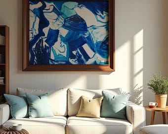 Lámina abstracta de arte acuático / Arte mural moderno azul fluido / Lámina enmarcada / Decoración para dormitorio y sala de estar / Pintura al óleo original / Artista de Nueva York