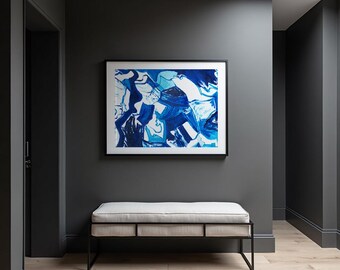 Lámina abstracta de arte acuático, pintura azul fluida, arte mural moderno enmarcado, a partir de una pintura al óleo original.