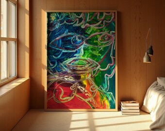 Lámina de figura expresionista abstracta, pintura colorida, cuadro enmarcado para pared, a partir de una pintura al óleo original.