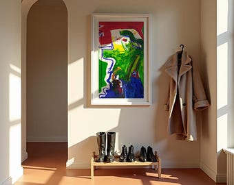 Lámina artística abstracta de paisaje verde con paspartú / Cuadro de montaña enmarcado para pared / Estilo galería / Sala de estar / Pintura original / Artista de Nueva York