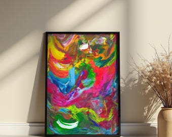 Lámina de arte abstracto de bosque / Arte mural expresionista de colores vivos / Lámina enmarcada / Decoración para sala de estar y dormitorio / Pintura al óleo original / Artista de Nueva York
