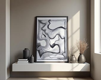 Lámina de arte abstracto lineal, dibujo de curvas minimalistas, arte enmarcado en blanco y negro, a partir de una pintura al óleo original.