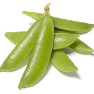 May include: A cluster of fresh, bright green snap peas, arranged on a white background. The pods are smooth, elongated, and slightly curved, with visible seams and small stems. The peas are a vibrant green color, suggesting freshness and a healthy food choice.