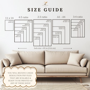 Peut inclure: Un guide des tailles avec des dimensions en cm et en pouces, pr&eacute;sentant diff&eacute;rents formats d'impression tels que 11x14, 24x36 et les ratios A1-A4. Le texte indique : &laquo; VOUS RECEVREZ 5 FICHIERS PDF HAUTE R&Eacute;SOLUTION, &Eacute;CHELONNABLES ET PR&Ecirc;TS &Agrave; &Ecirc;TRE IMPRIM&Eacute;S DANS TOUTES CES TAILLES ! &raquo;