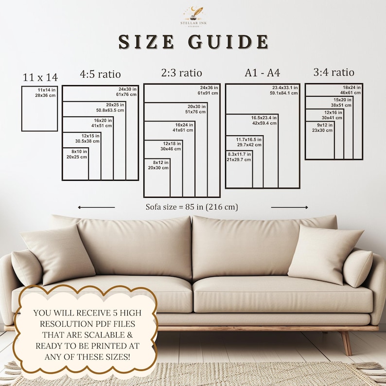Peut inclure: Un guide des tailles avec des dimensions en cm et en pouces, pr&eacute;sentant diff&eacute;rents formats d'impression tels que 11x14, 24x36 et les ratios A1-A4. Le texte indique : &laquo; VOUS RECEVREZ 5 FICHIERS PDF HAUTE R&Eacute;SOLUTION, &Eacute;CHELONNABLES ET PR&Ecirc;TS &Agrave; &Ecirc;TRE IMPRIM&Eacute;S DANS TOUTES CES TAILLES ! &raquo;