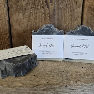 Charcoal Mist Artisan Bar Soap, Vegan Natural Oils, Activated Charcoal, French Green Clay, 4 oz Bar of Soap