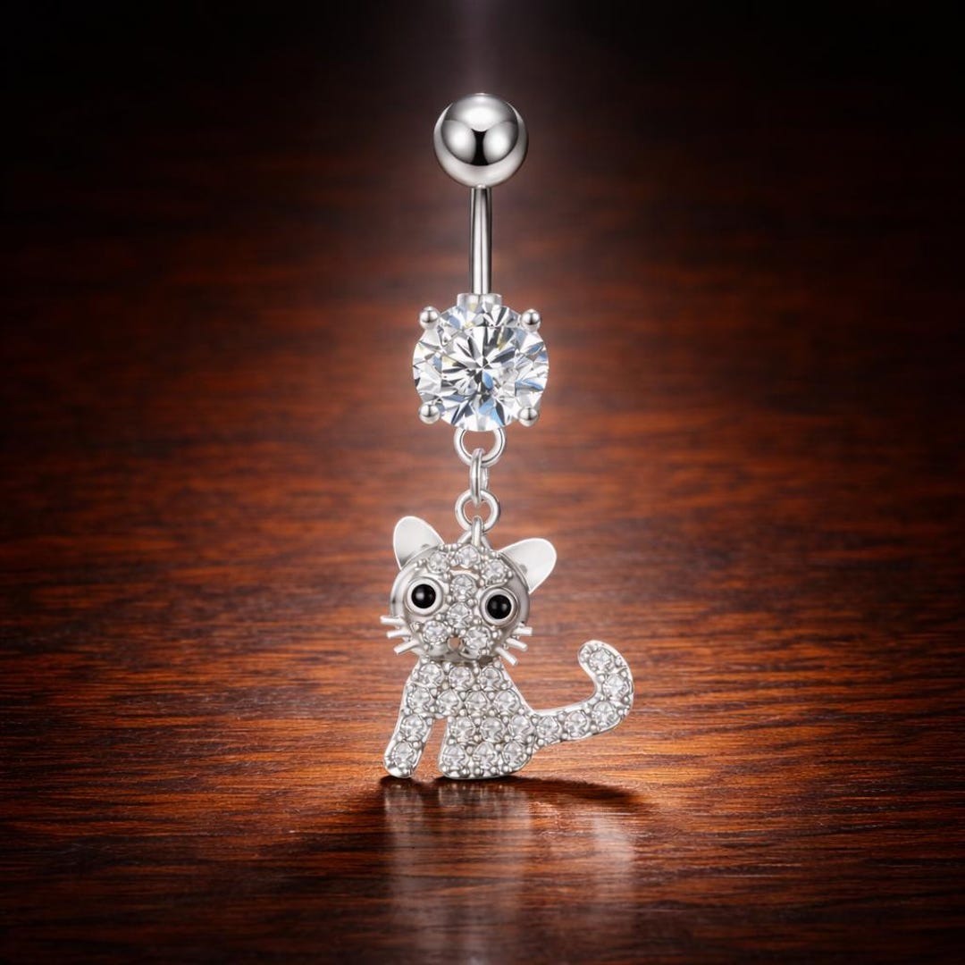 Dangling Cat Belly Button Ring, Silver Tone CZ Crystal Navel Piercing ...