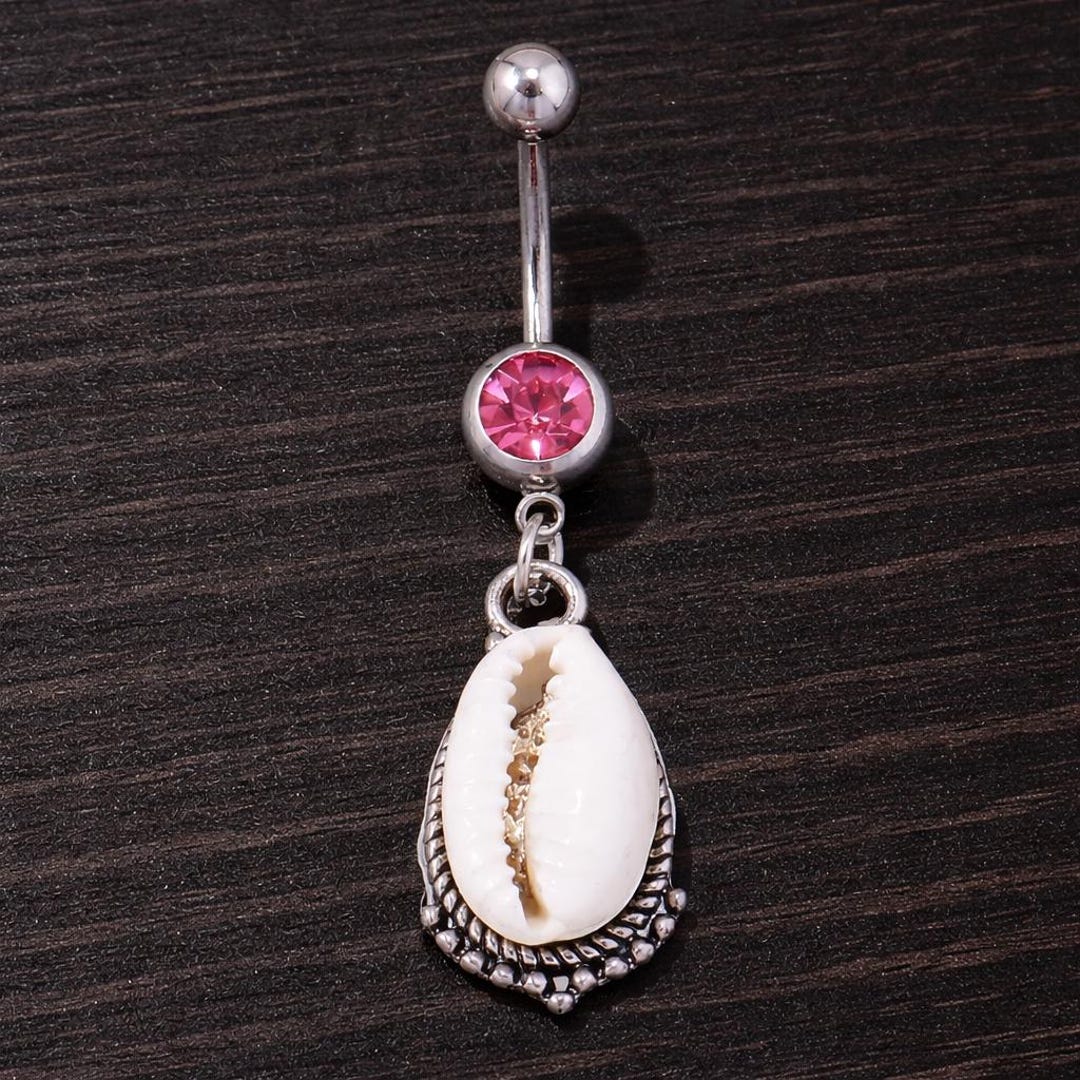 Pink Crystal Cowrie Shell Belly Ring, Silver Boho Beach Navel Piercing ...