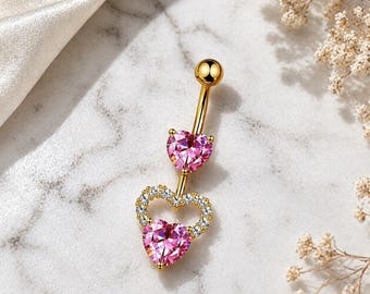 ゴールドハートベリーリングピンククリスタルダングルへそピアスかわいいへそジュエリー女性へのギフト