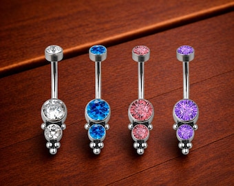 Surgical Steel CZ Dangle Belly Button Ring – Blue, Pink, Purple, Clear Navel Piercing Jewelry