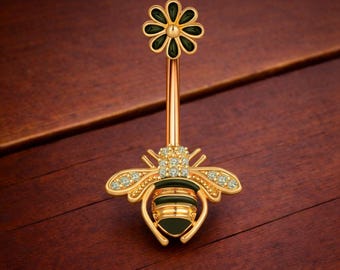 Golden Bee & Daisy Flower Belly Button Ring – Green Enamel CZ Gold Navel Piercing Jewelry