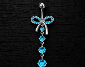 Silver Bow Belly Ring with Blue Crystal Dangle Navel Piercing Jewelry