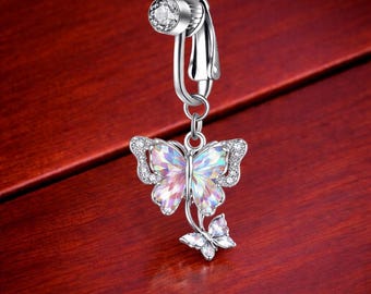 Silver Butterfly Opal Dangle Belly Button Ring – Navel Piercing Jewelry