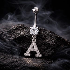 Personalized Initial A Belly Ring, Crystal Dangle Navel Piercing, Stainless Steel Jewelry