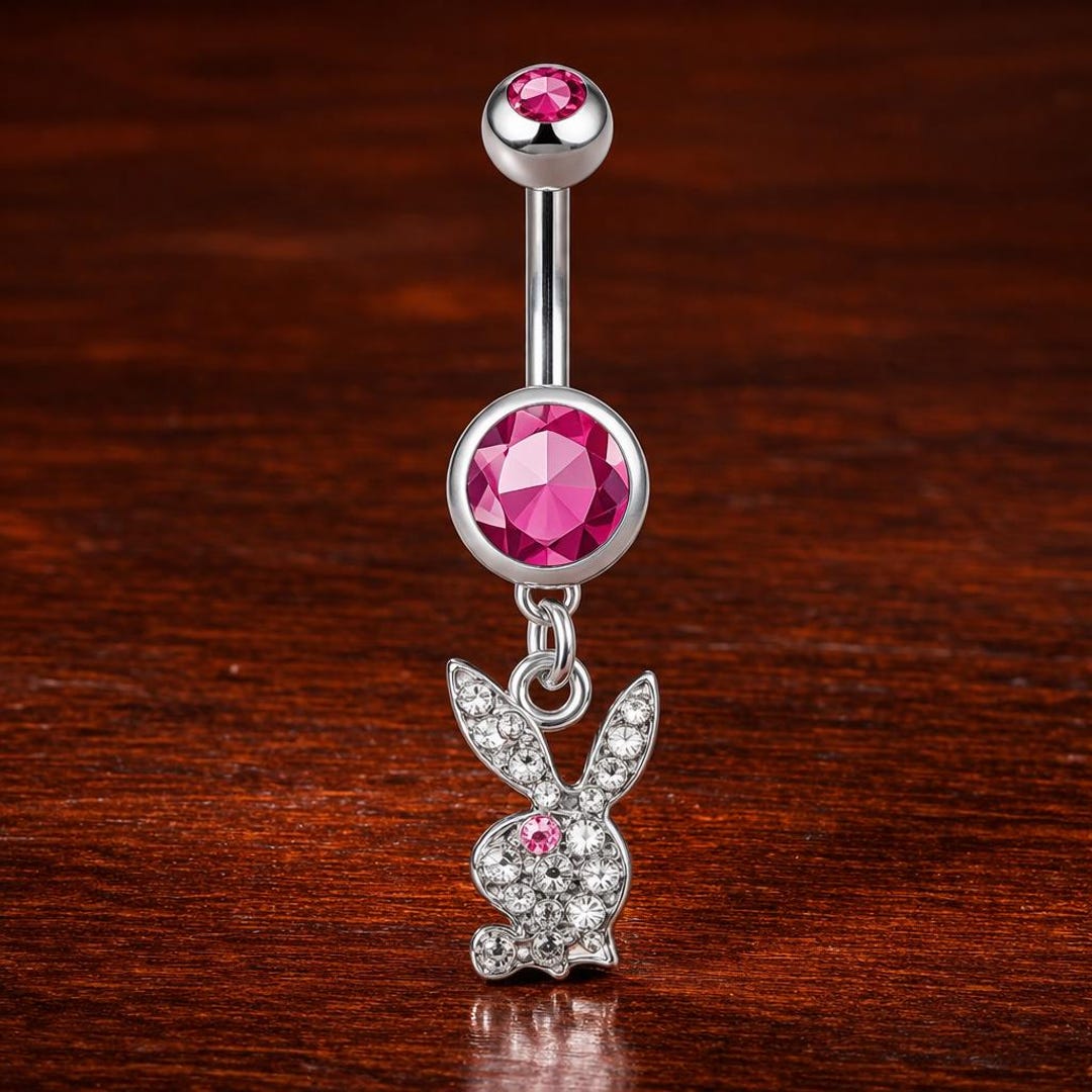 Pink Crystal Rabbit Pink Crystal Bunny Belly Button Ring, Silver-tone Navel Piercing ...