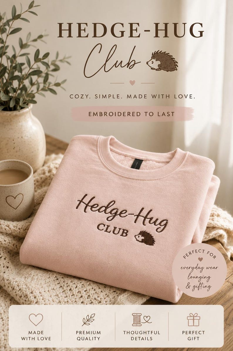 May include: A light pink crewneck sweatshirt featuring dark brown embroidery on the chest that reads Hedge-Hug CLUB with a small hedgehog graphic. The garment has a ribbed collar and cuffs, and the fabric appears to have a soft, fleece-lined interior.