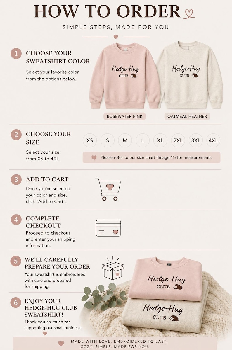 May include: An instructional graphic titled HOW TO ORDER with six steps for purchasing a sweatshirt. It displays two crewneck sweatshirts in rosewater pink and oatmeal heather, each embroidered with the text Hedge-Hug CLUB and a hedgehog icon.