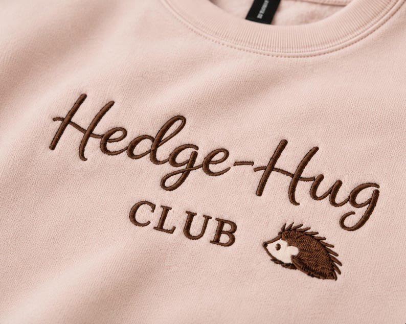 May include: A light pink sweatshirt featuring dark brown embroidered text that reads Hedge-Hug CLUB. Below the text is a small, detailed embroidery of a brown hedgehog facing left. The fabric has a soft, fleece-like texture visible throughout.
