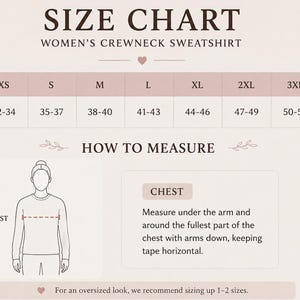 May include: A size chart for a crewneck sweatshirt featuring a table with sizes XS through 4XL and corresponding chest measurements in inches. It includes a diagram illustrating how to measure the chest and text instructions for measuring.