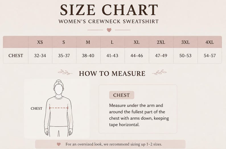 May include: A size chart for a crewneck sweatshirt featuring a table with sizes XS through 4XL and corresponding chest measurements in inches. It includes a diagram illustrating how to measure the chest and text instructions for measuring.