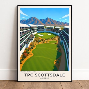May include: A framed art print of the TPC Scottsdale golf course in Arizona. The image features a vibrant green golf course with spectators in the stands, set against a backdrop of mountains and a clear blue sky. The text "TPC SCOTTSDALE ARIZONA" is at the bottom.