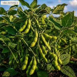 May include: A soybean plant with numerous green, fuzzy pods hanging from its stems, surrounded by broad, vibrant green leaves. The text MÍKA BOTANICA is visible in the upper left corner, set against a natural outdoor field background.