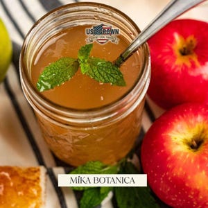 Puede incluir: Un tarro de cristal lleno de l&iacute;quido color &aacute;mbar, con una ramita de menta y una cuchara, junto a dos manzanas rojas. El tarro tiene un logo "USA Grown". El texto "Mika Botanica" est&aacute; en la parte inferior. La imagen est&aacute; sobre tela a rayas.