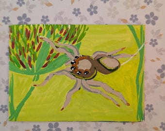 Hooman Animals Food Pun Jumping Spider Artist Trading Cards | Mixed Media Miniatures (2.5x3.5in) ACEO