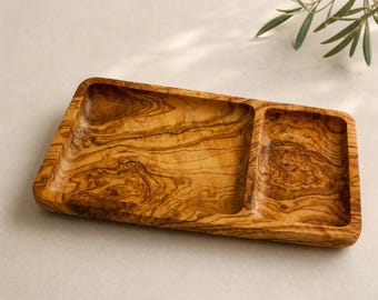 Olive Wood Valet Tray – Handmade Catch-All Tray, Two Compartments, Desk Organiser, Housewarming Gift, Tunisian Olive Wood