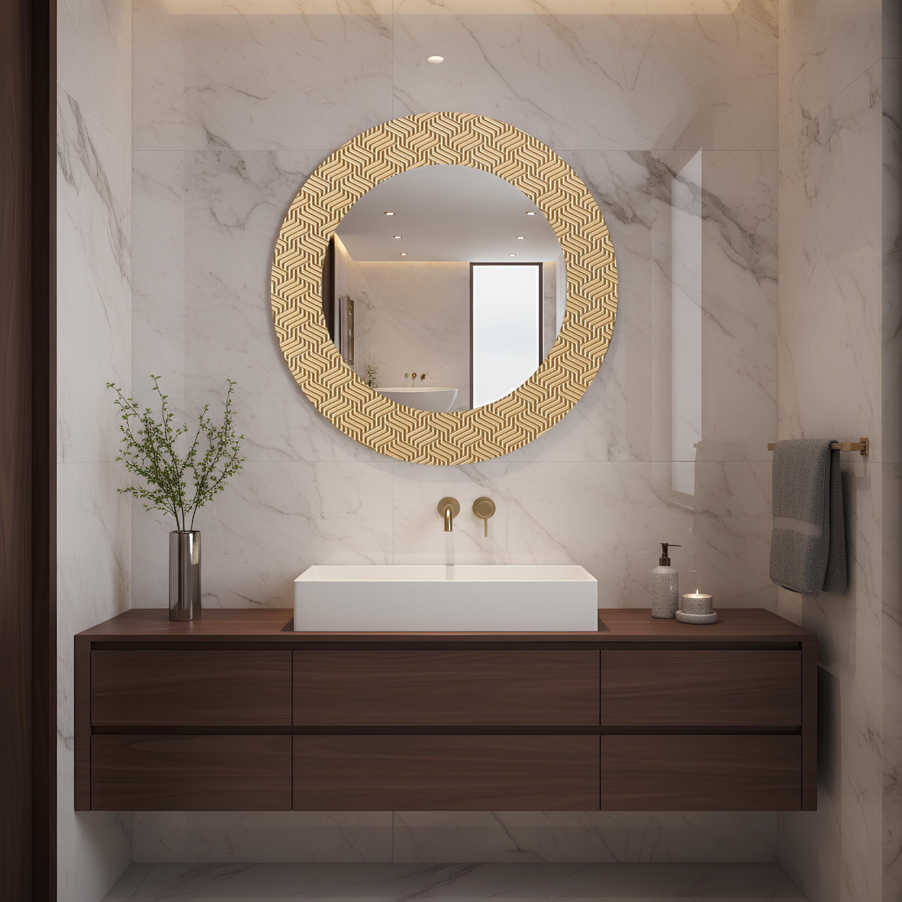 Modern Round Bathroom Mirror – Designer Printed Glass Frame Wall Decor ...