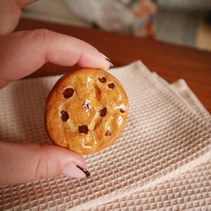 Peut inclure: Un cookie en céramique avec des pépites de chocolat et une finition brillante. Le cookie est brun clair avec des pépites de chocolat brun foncé. Il est tenu dans une main, posé sur un tissu gaufré blanc.