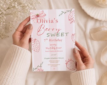 ベリー柄の1歳の誕生日招待状｜編集可能なCanvaテンプレート｜イチゴピンクのイチゴ（デジタルダウンロード）5x7