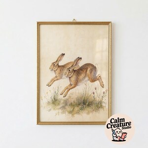 Lámina ilustrada de liebre antigua, arte de la fauna campestre inglesa, conejo del bosque vintage, decoración infantil, estilo cottagecore para imprimir.