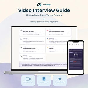 May include: A digital interface for a CabinReady Video Interview Guide displayed on a laptop and smartphone. The screen shows sections for setup, scoring, answer structures, scenario practice, stories, and final prep, with a practice timer visible.