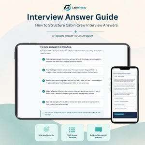 Peut inclure: Une tablette numérique et un smartphone affichant le guide de réponse aux entretiens CabinReady. L'écran présente le texte Fix one answer in 7 minutes, détaillant cinq étapes pour structurer les réponses d'entretien, avec trois icônes en bas.