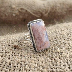 Rectangular Flower Agate Ring, 925 Sterling Silver Statement, Boho Artisan Jewelry