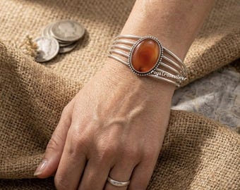 Natural Carnelian Oval Stone Cuff Bracelet, Sterling Silver Boho Bangle, Victorian Style Jewelry