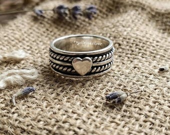 Sterling Silver Heart Spinner Ring for Women, Boho Oxidized Silver Band, Handmade Meditation Ring, Fidget Ring for Anxiety, Gift for Her
