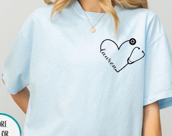 Comfort Colors® Custom Nurse Stethoscope Heart Shirt, Personalized Nurse Name T Shirt, Nursing School Tee, Registered Nurse Gift, RN Shirt