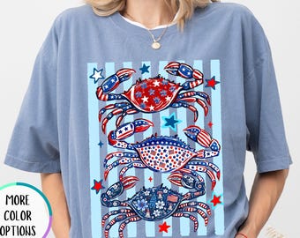 Comfort Colors® American Crab Shirt, 4th Of July Summer T Shirt, Coastal USA Gift, Red White Blue Crab Tee, Patriotic Women T Shirt