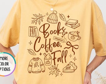 Comfort Colors® Custom Funny Fall Books Coffee Doodle Characters Shirt, Halloween Book T Shirt , Autumn Reading Gift, Fall Bookish Tee