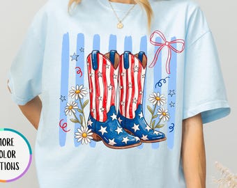 Just a Girl Who Loves America Shirt, Red White Blue Cowgirl Boots Tee,  USA 250th Anniversary Tee, 4th Of July Gift, Patriotic Women Tee