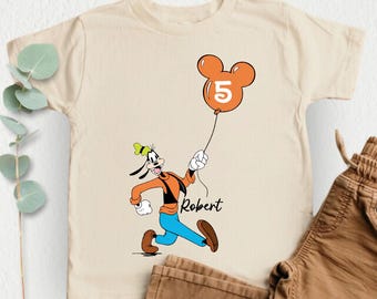 Custom Kids Name Age Disney Shirt, Goofy With Mickey Balloon Shirt, Cute Disney Birthday Shirt,  Disneyland Birthday Gift, Disneyworld