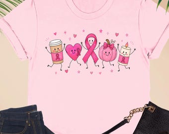 Trendy Breast Cancer Awareness Doodle Shirt, Coffee Lover Cancer T Shirt, Survivor Support Gift, Trendy Cancer  Pumpkin Awareness Fall Shirt