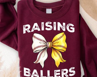 Raising Ballers Sweatshirt, Baseball Game Day Sweatshirt, Baseball Season Fan Gift, Baseball Coquette Sweater, Cute Softball Bow Sweatshirt