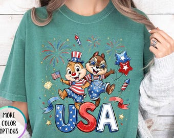 Comfort Colors® Disney USA Shirt, USA Girl T Shirt, Patriotic Cartoon Tee, Disney 4th July Shirt, Fireworks Illustration, Disneyland Trip