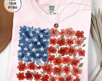 Comfort Colors® Floral American Shirt, Floral USA 250th Anniversary Tee, 4th Of July Gift, Patriotic Women Tee, Red White Blue T Shirt