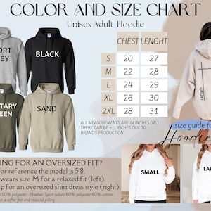 Pu&ograve; includere: Tabella colori e taglie per una felpa con cappuccio unisex per adulti. La tabella mostra le misure della lunghezza del torace in pollici per le taglie dalla S alla 2XL. La felpa con cappuccio &egrave; disponibile in grigio sportivo, nero, verde militare e sabbia.